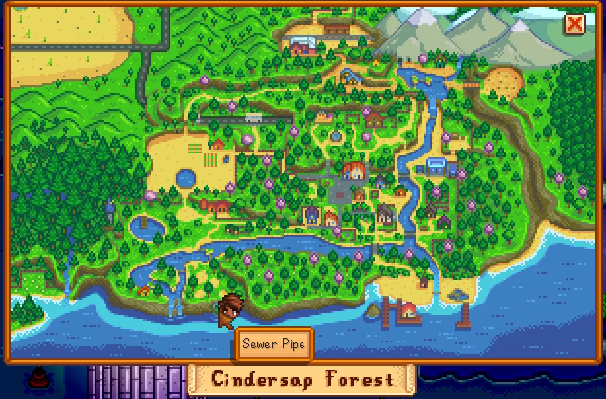 Stardew Valley'de Cindersap Ormanı'nın güneyi